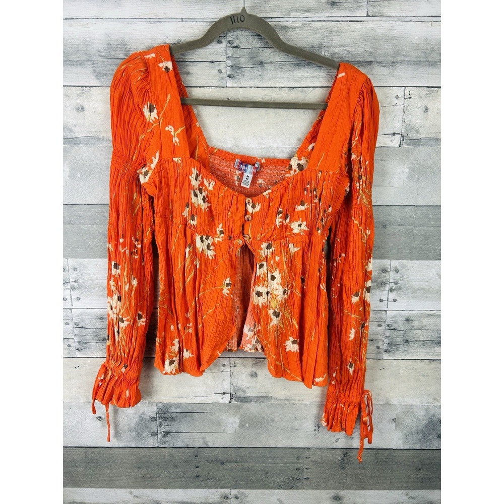 Urban Outfitters Go Allie Orange Floral Crinkled Shirred Boho Crop Top Medium